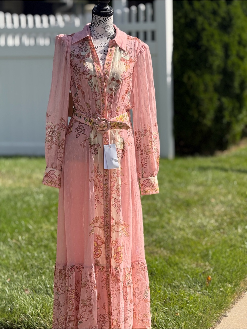 HEMANT & NANDITA Blush Pink Floral Sheer Maxi Dress with Belt